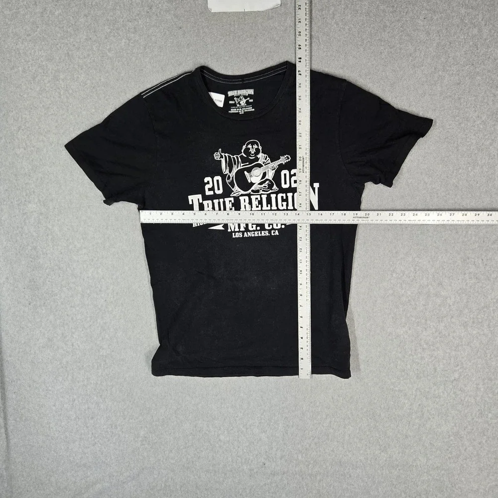 True Religion Men Shirt M/M Black Graphic Guitar Buddha Logo Short Sleeve